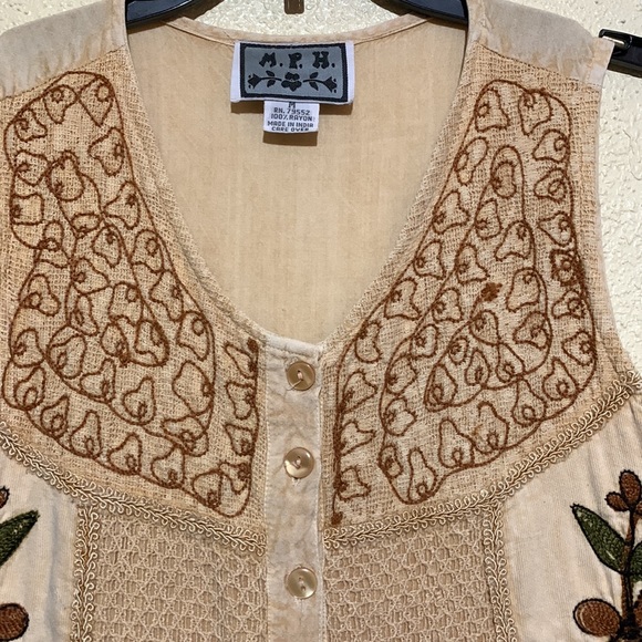 M.P.H. Top Sleeveless Blouse Tan Brown M Rayon Embroidered - Picture 4 of 16
